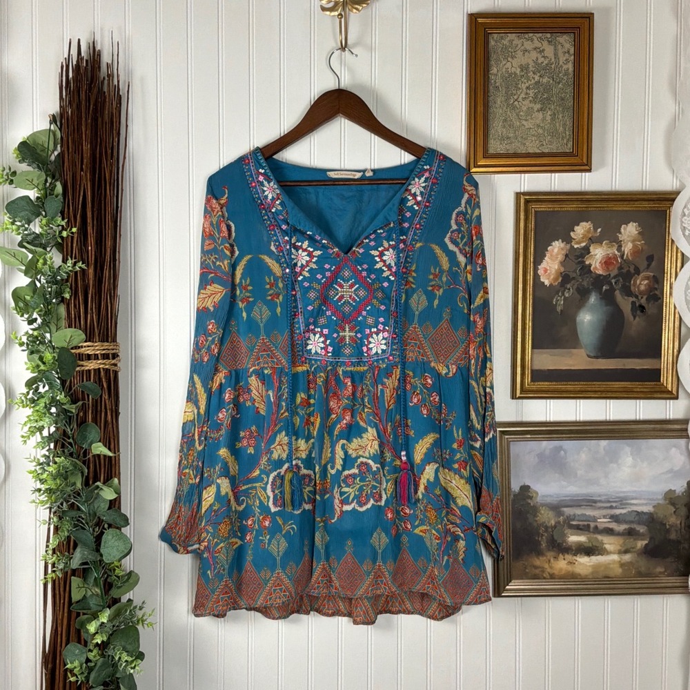 Soft Surroundings Tunic Top Women L Blue Excellent Boho Embroidered Tassels